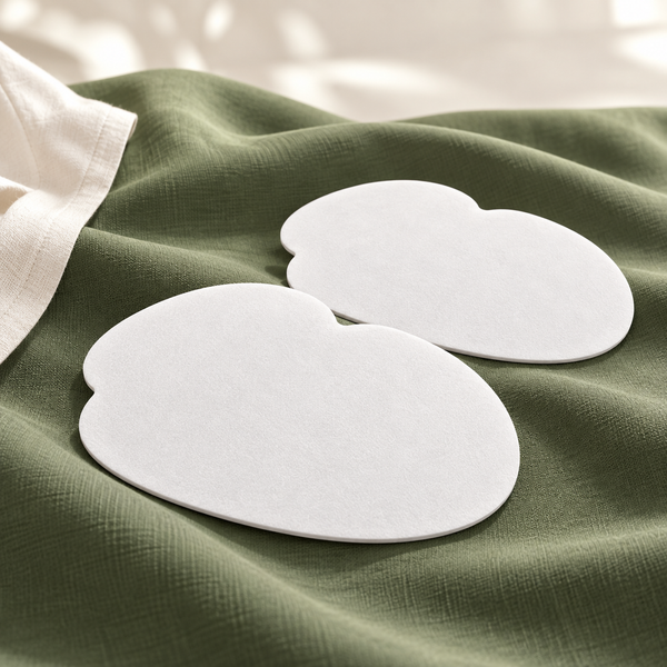 AI-productillustratie: detail van twee witte okselpads op mosgroene stof; de werkelijke kleur en het materiaal zijn nog niet bevestigd.