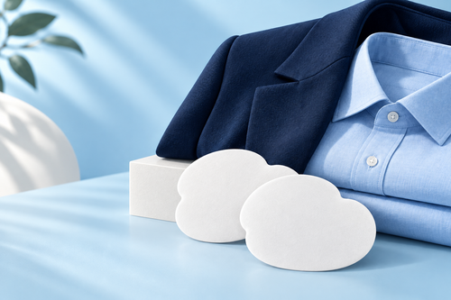 Productillustratie van okselpads naast een blauwe blouse en blazer; het daadwerkelijke uiterlijk is nog niet bevestigd.