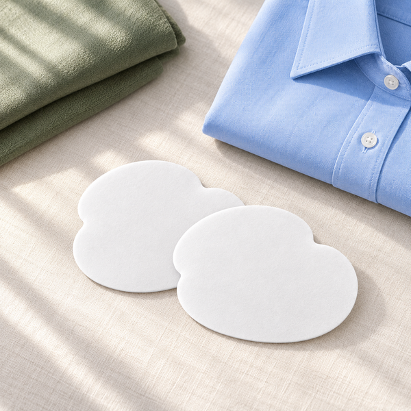 AI-productillustratie: twee witte okselpads op linnen naast een blauw overhemd; de werkelijke kleur en het materiaal zijn nog niet bevestigd.